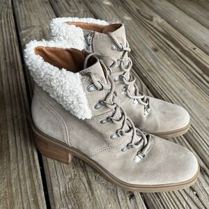 Lucky Brand Demia Lace Up Hiker Booties Woman's 9.5 Dune Oiled Suede Faux Collar